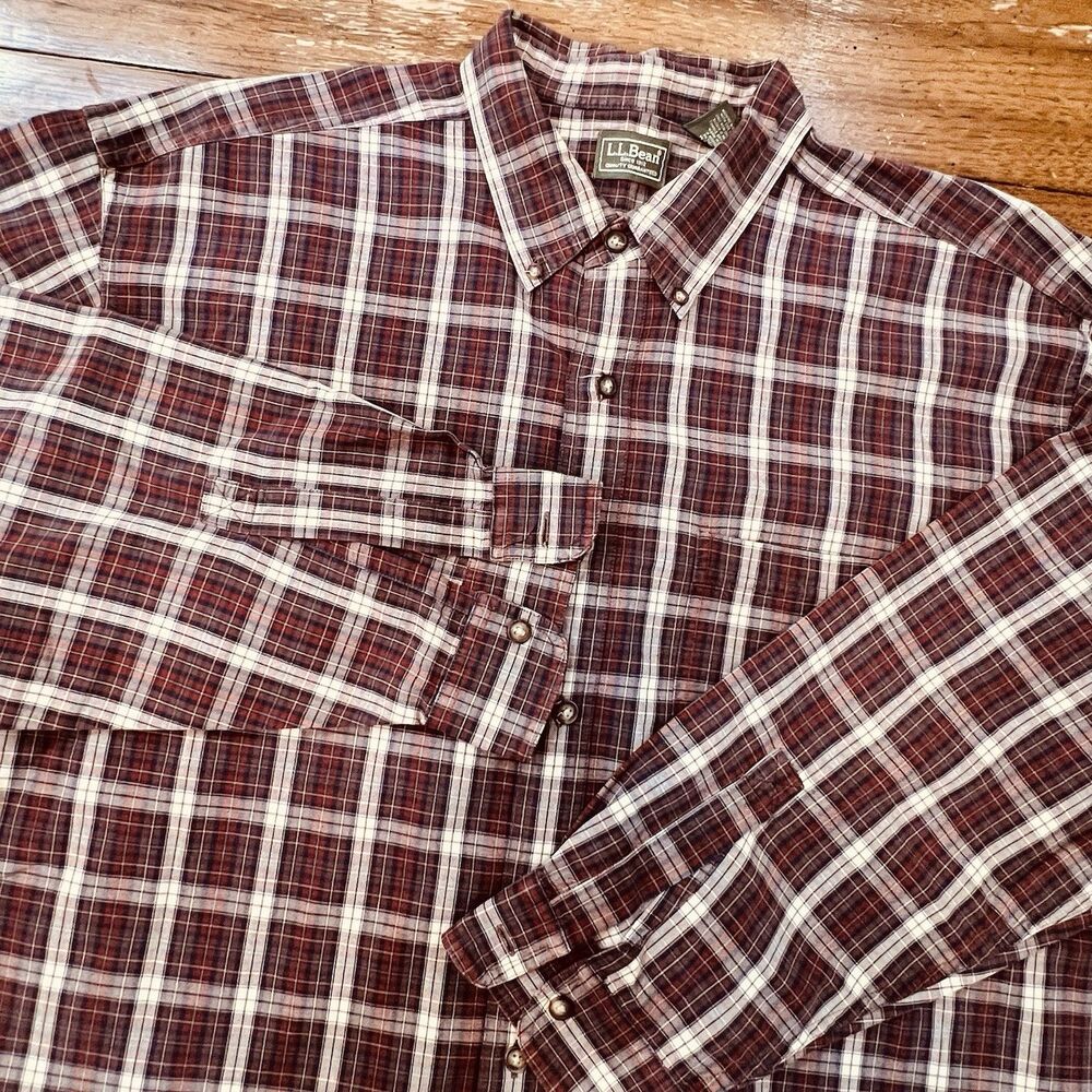 LL Bean Mens XL Regular Burgundy Plaid Button Down Long Sleeve Shirt Cotton